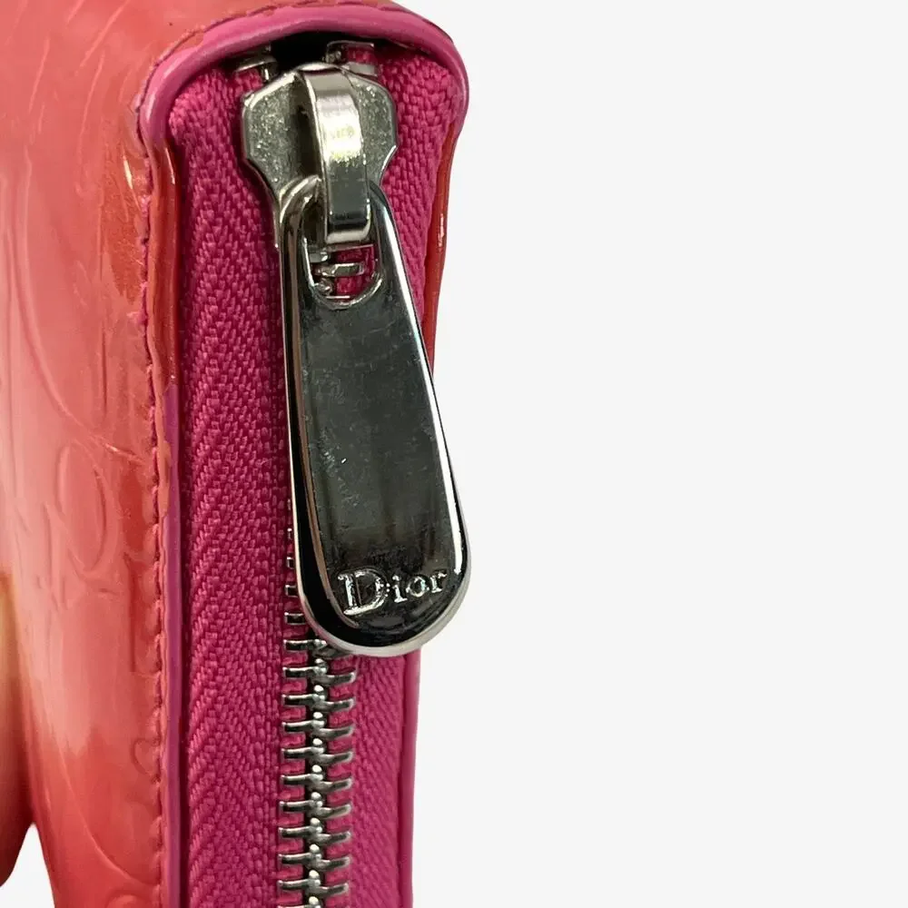 Christian Dior Pink Patent Leather Cannage Logo Zip Around Wallet Italy
